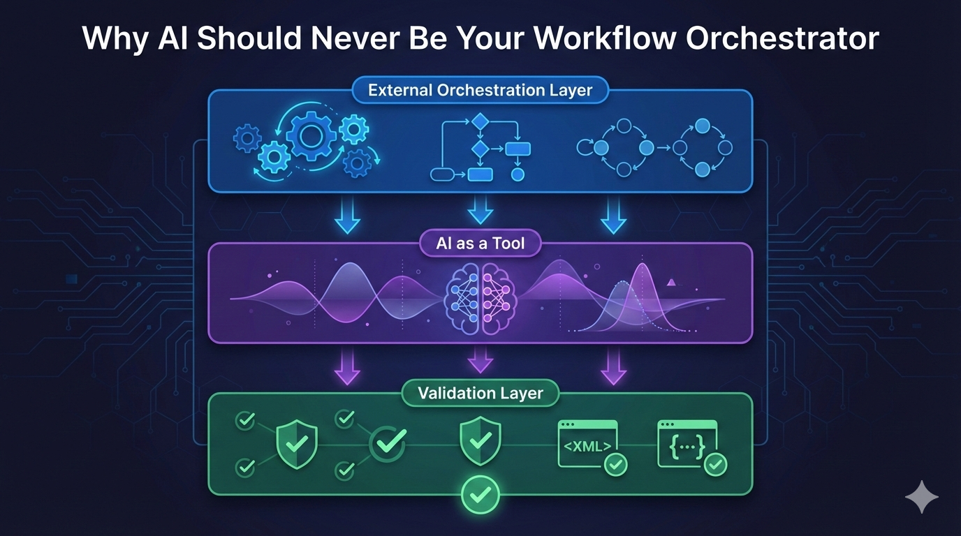 Three-layer architecture diagram showing Orchestration, AI Tool, and Validation layers for deterministic AI workflows