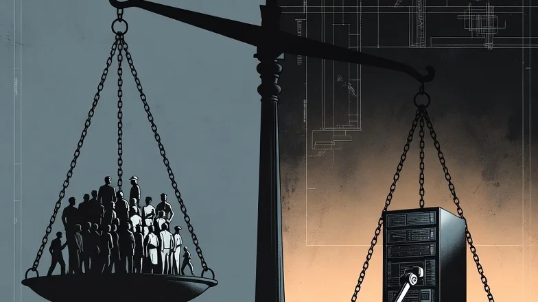 Balance scales with crowd of workers on one side and a server rack on the other, blueprint background