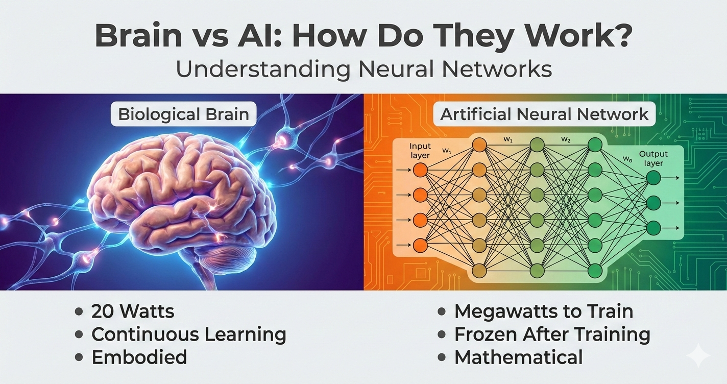 Brain vs AI comparison showing biological brain and artificial neural network with key differences