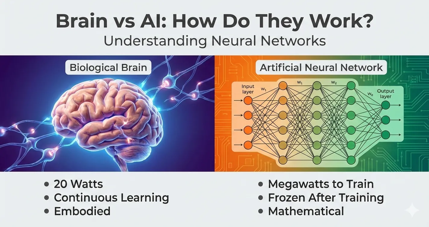 Brain vs AI comparison showing biological brain and artificial neural network with key differences