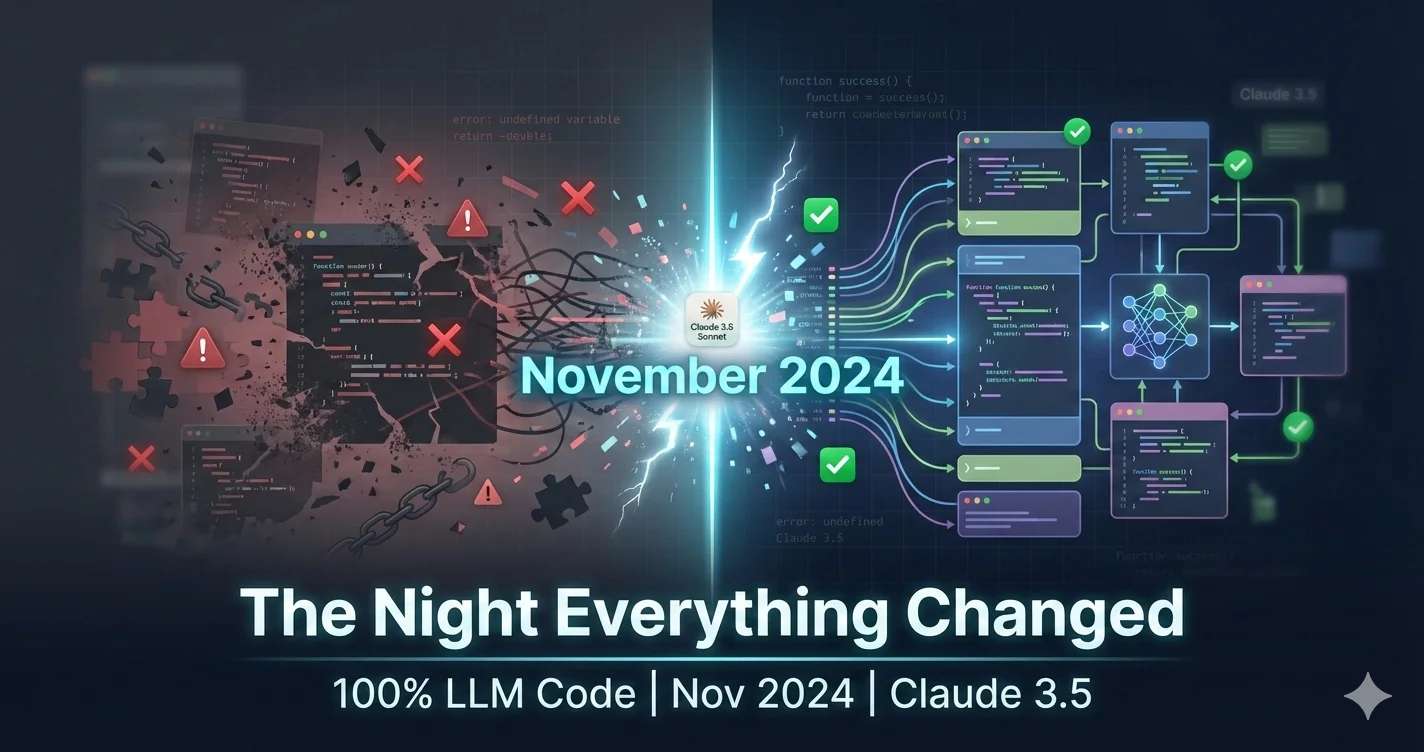 Split screen showing code failures (left) and breakthrough success with Claude 3.5 Sonnet (right) in November 2024