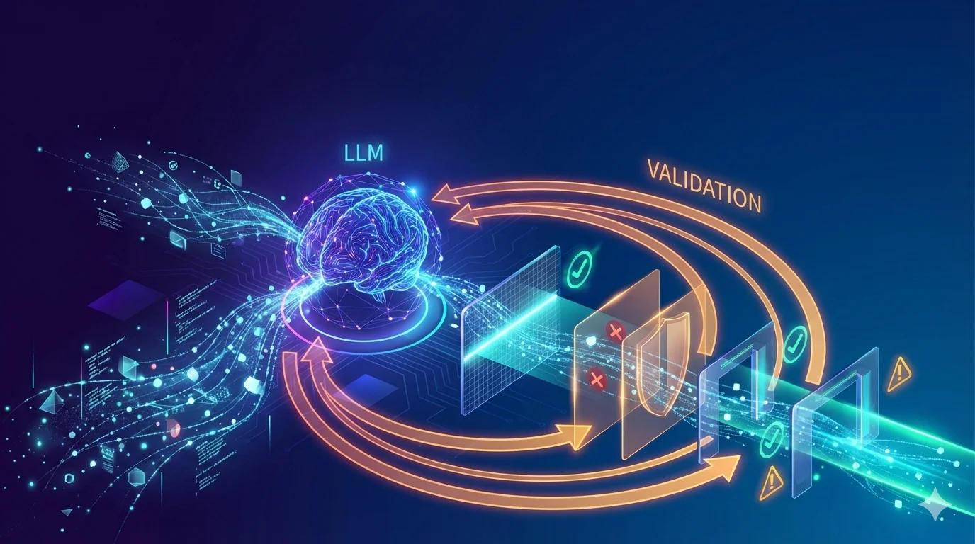 LLM neural network generating output flowing through validation checkpoints with feedback loops