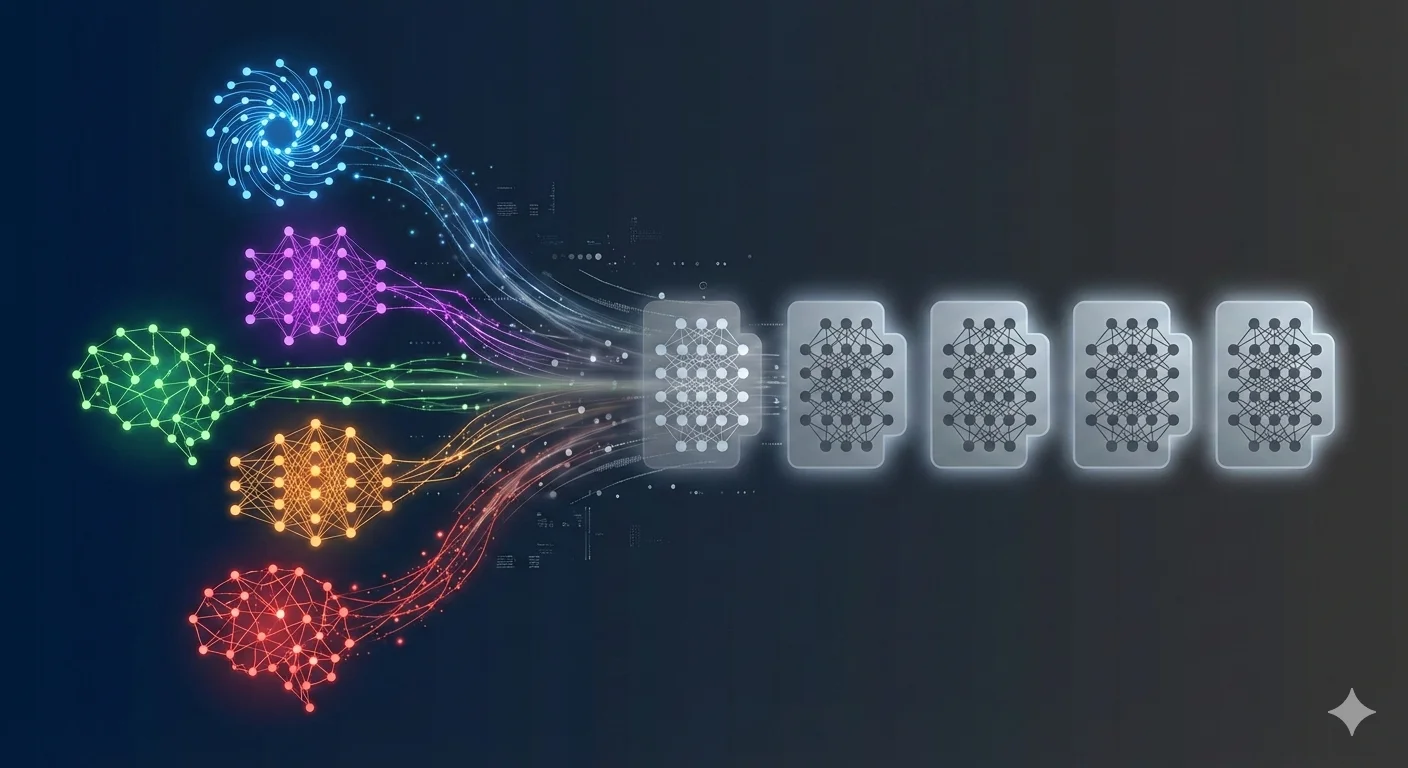 AI models starting with diverse architectures and reasoning patterns (shown in blue, purple, green, orange, and red) progressively converge into identical gray structures with the same connection patterns, illustrating how similar training produces similar weights and reasoning