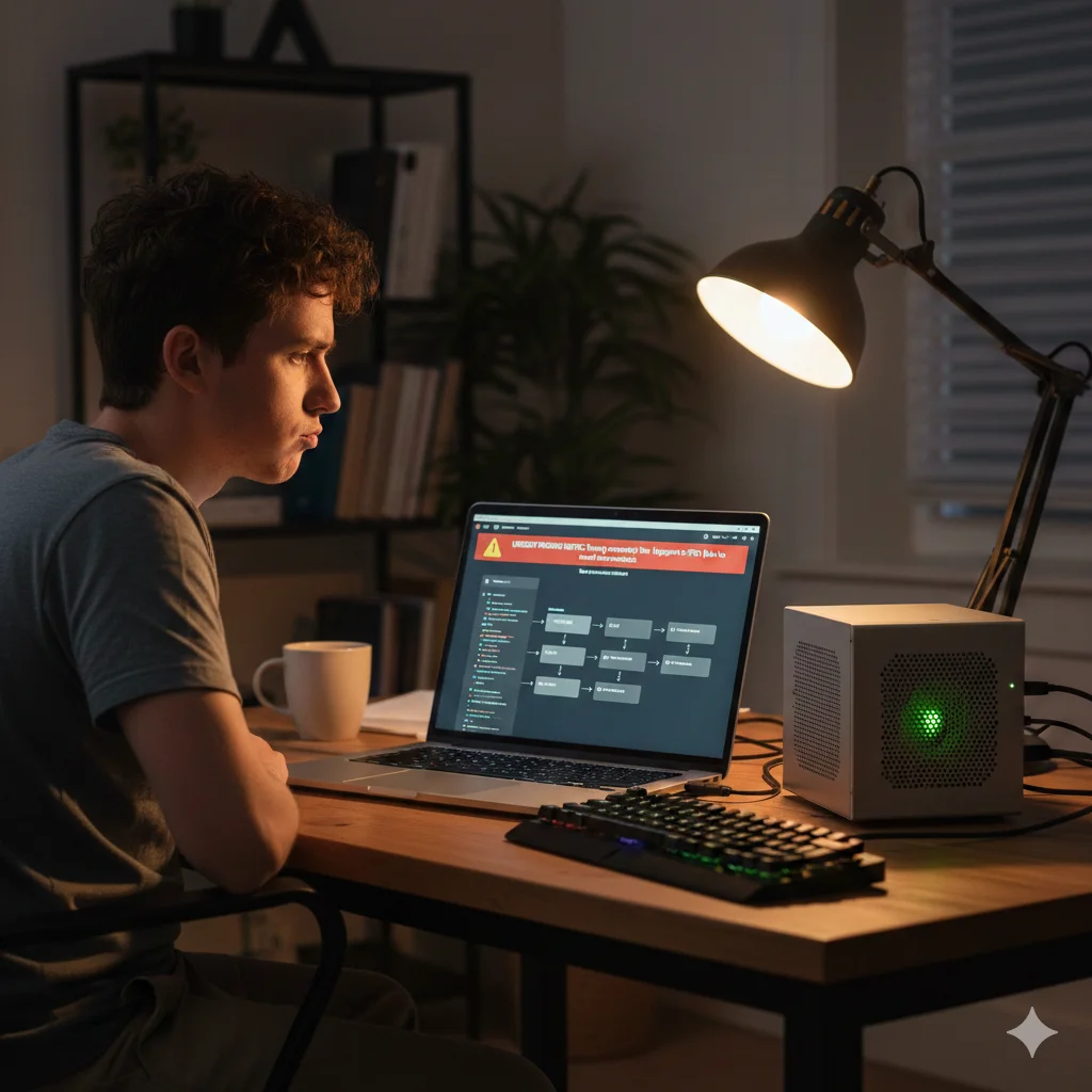 Developer staring at a pricing alert on their laptop beside a self-hosted runner with a green light