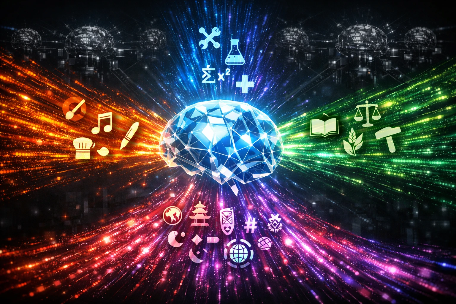 Diverse human perspectives from all fields (arts, sciences, law, culture) flowing as colorful streams of knowledge into a central AI brain, illustrating AI's dependency on human diversity for validation