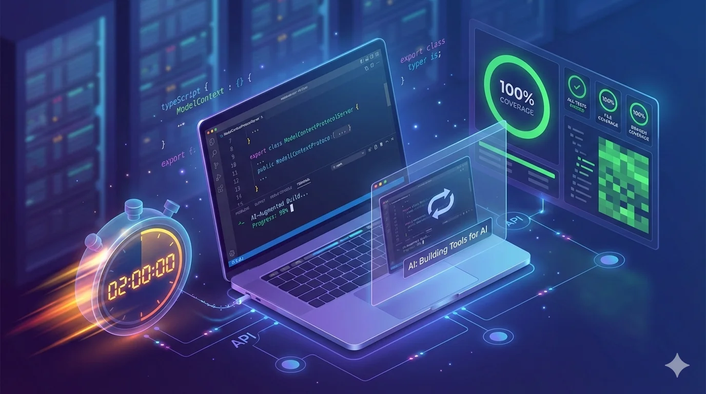 Isometric illustration of developer workspace with TypeScript code editor, 100% code coverage badges, 2-hour stopwatch, and MCP server architecture nodes showing AI building tools for AI