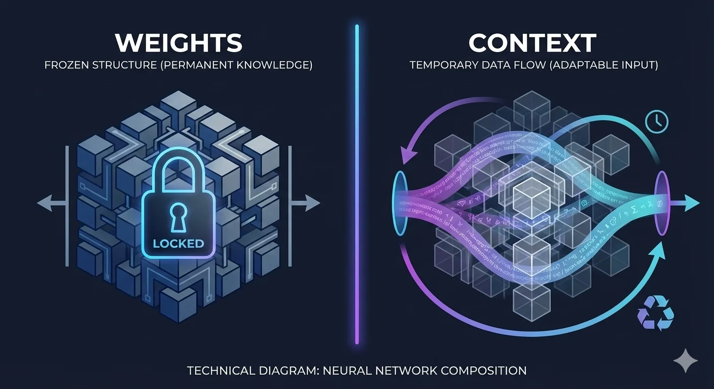 Technical diagram showing the difference between frozen weights and temporary context in neural networks. Left side shows weights as a locked, immutable crystalline structure representing permanent knowledge. Right side shows context as flowing, translucent streams of colorful data (purple to cyan gradients) passing through the network structure without changing the weights. Arrows indicate context flows in and out while weights remain static.