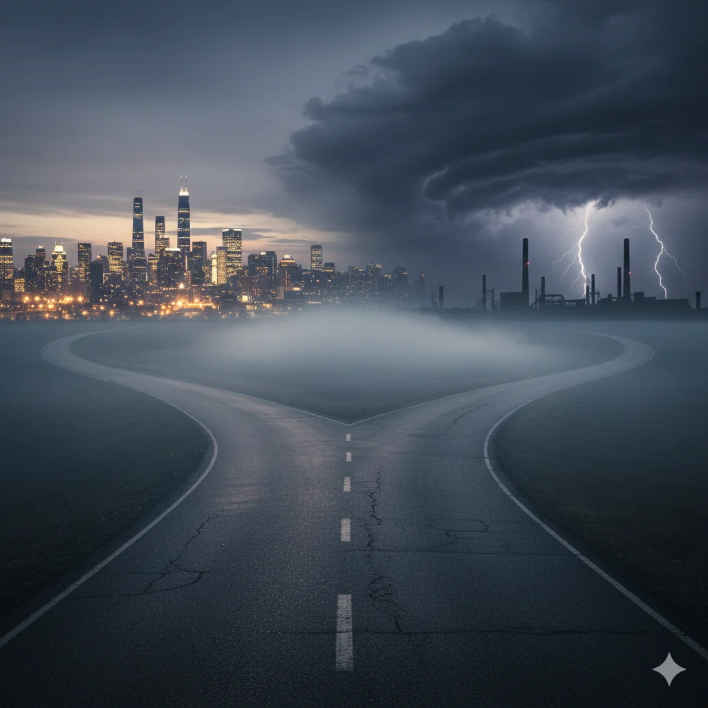 A road splitting toward a glowing city skyline and a stormy industrial horizon — the utopia, dystopia, and muddle scenarios of AI disruption