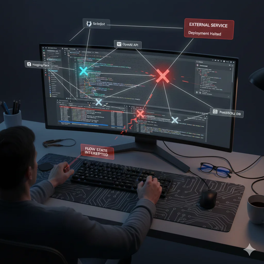 Developer workspace disrupted by vendor outage showing broken workflow dependencies and flow state interruption in AI-augmented development environment