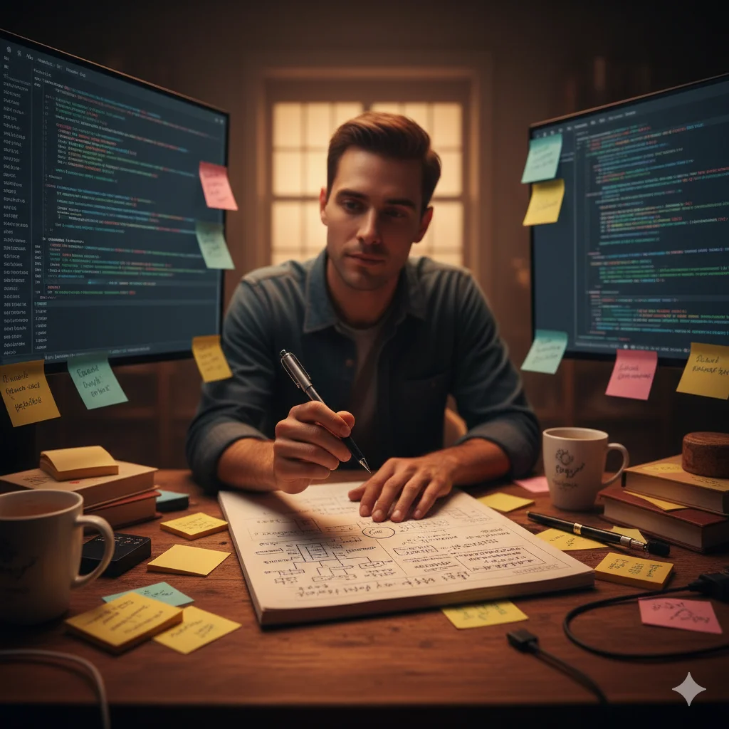 A person at a desk covered in sticky notes and diagrams, mid-thought with pen in hand — the audit of irreducible human work