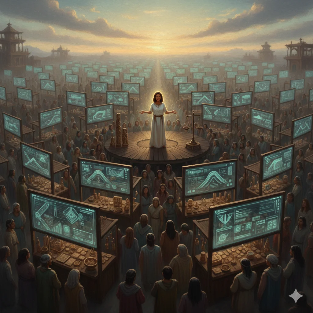 A crowded marketplace of identical software stalls with one trusted seller elevated at the center — illustrating how distribution beats creation